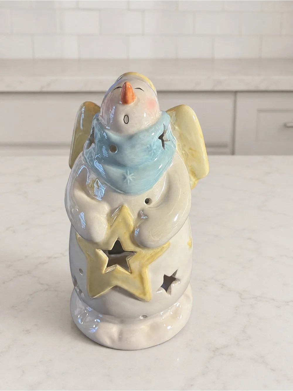 Vintage 2001 Yankee Candle Snowman Angel Ceramic Tea Light Holder 8”